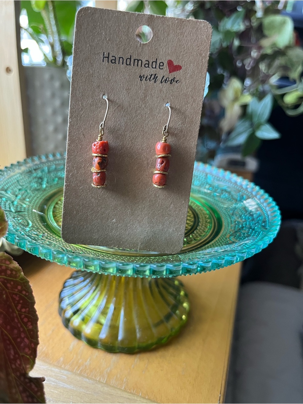 Handmade Ancient Coral Bead Drop Earrings -